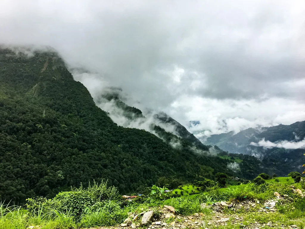 Misty green hills on the approach to Ghandruk