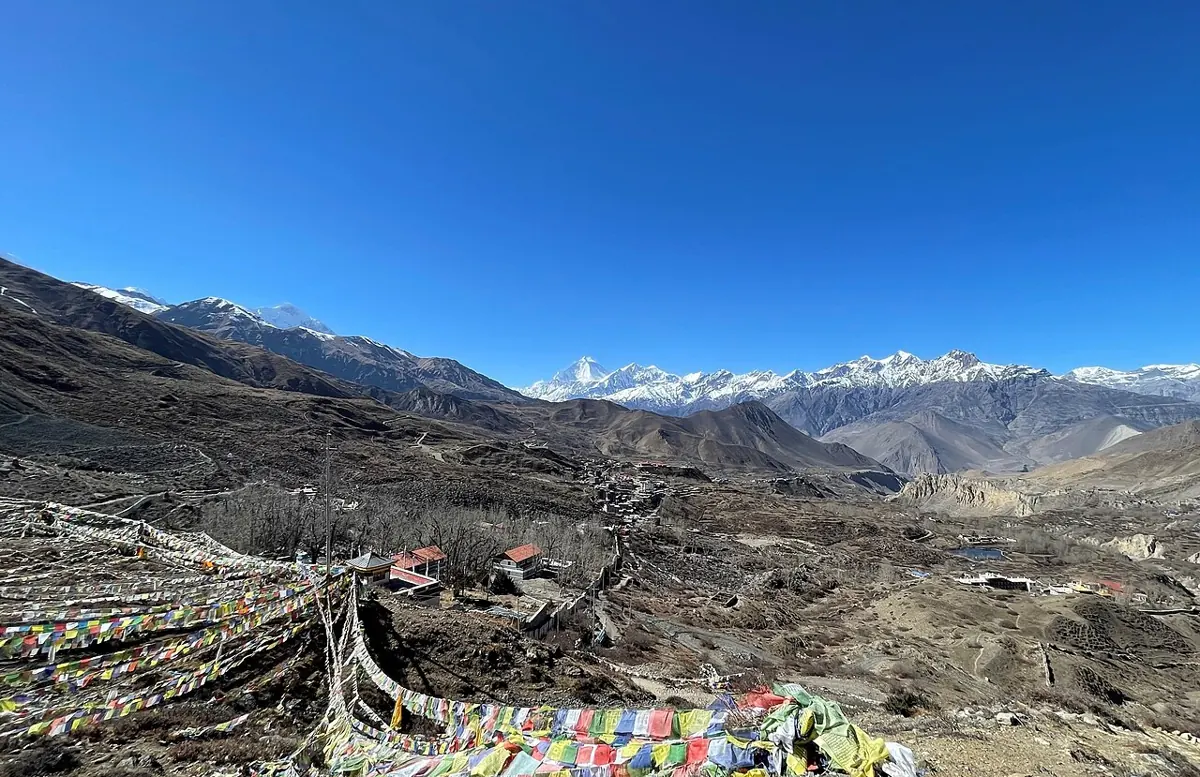 Muktinath temple complex and Ranipauwa below Dhaulagiri and Nilgiri.