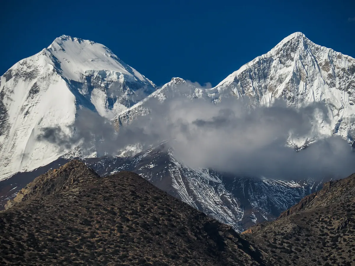Dhaulagiri and Tukuche Peak seen from the Guru Rinpoche viewpoint above Muktinath.